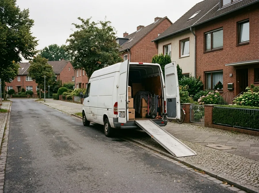 Transporter mit ausgeklappter Laderampe in einer Wohnstraße