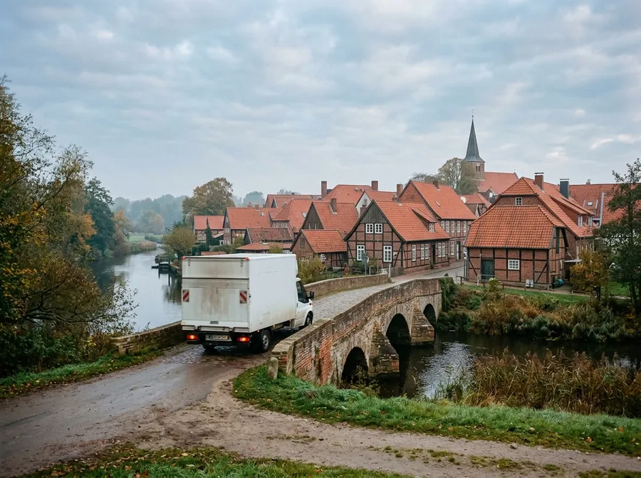 Umzugswagen auf dem Weg durch einen Ort in der Region