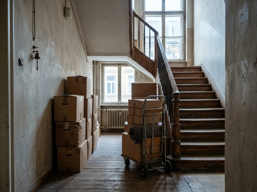 Umzugskartons und Sackkarre im Treppenhaus eines Altbaus