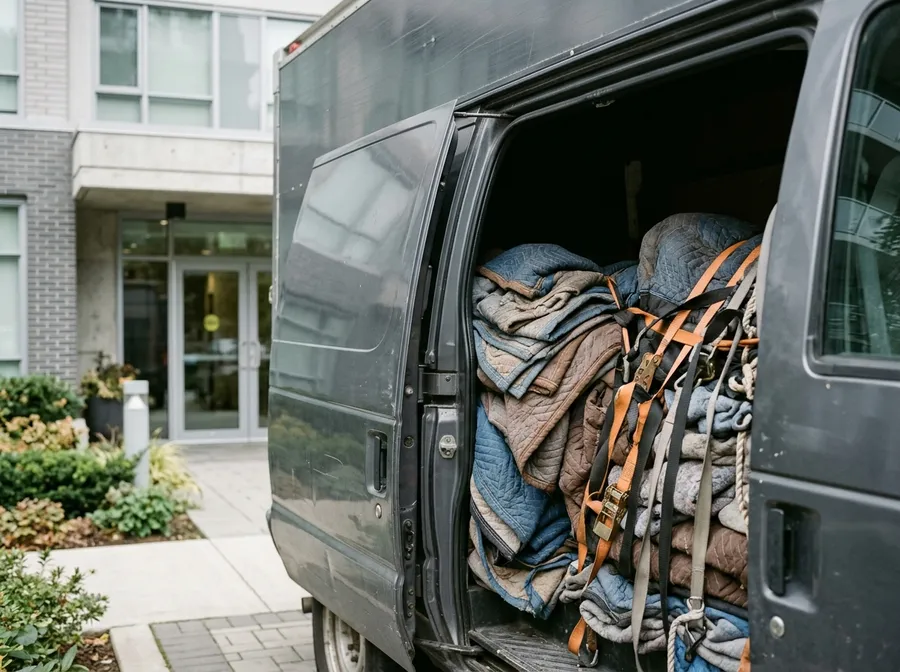 Geladener Transporter mit gestapelten Möbeldecken