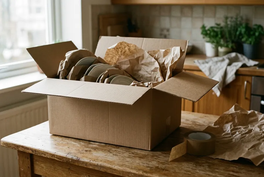 Offene Umzugskartons mit Packpapier beim Einpacken